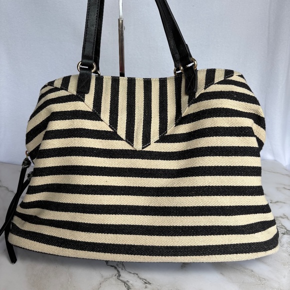 Sole Society Handbags - Sole Society Black and Cream Cotton Jute Striped Large Triple Entry Shoulder Bag